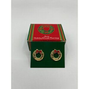 Avon Vintage 1987 Holiday Wreath Pierced Earrings Gold-Tone Red Bow Christmas